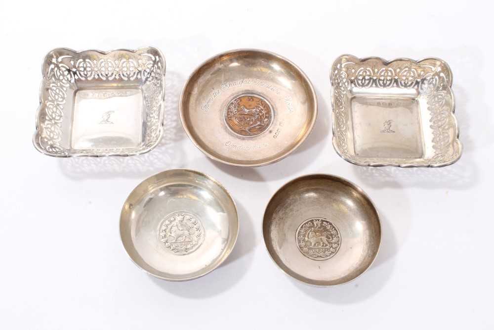 Lot 286 - Pair of 1920s silver trinket trays of square form with engraved armorial crests and other items