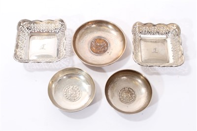 Lot 286 - Pair of 1920s silver trinket trays of square form with engraved armorial crests and other items