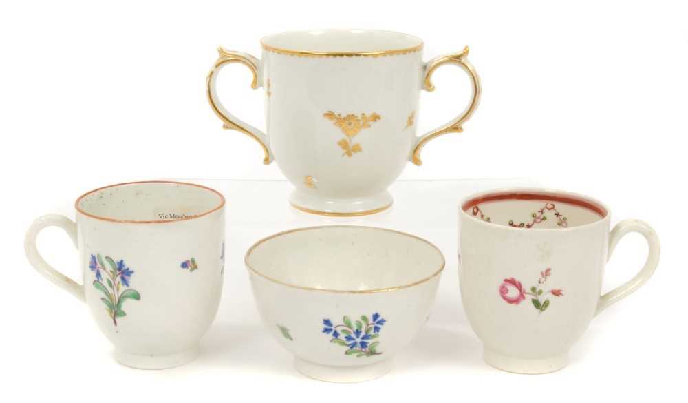 Lot 13 - 18th century Caughley chocolate cup, two Caughley coffee cups and tea bowl