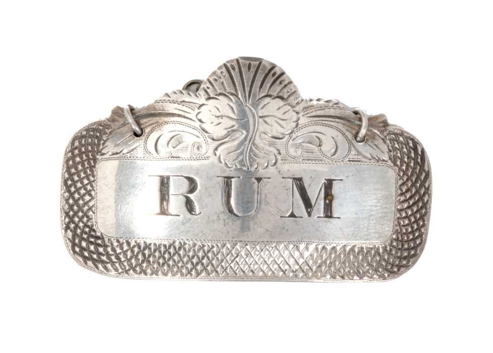 Lot 291 - George III silver decanter label of rectangular form, 'RUM' (London 1816), Thomas Robinson