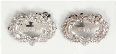 Lot 292 - Pair Victorian silver decanter labels, 'GIN' and 'BRANDY' (Sheffield 1862), Henry Wilkinson & Co.