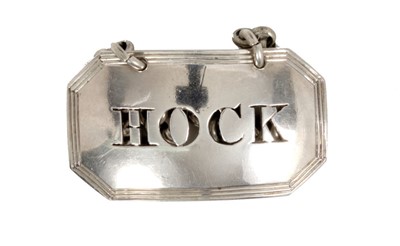 Lot 299 - George IV silver decanter label, 'HOCK' (London 1828), Charles Reily & George Storer