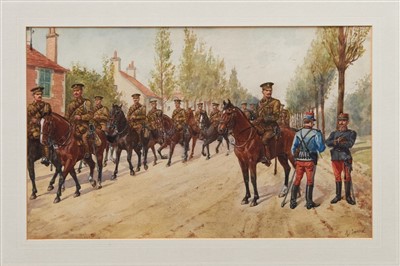 Lot 1070 - Richard Simkin (1840-1926) watercolour, 6th Dragoon Guards, September 1914, signed, 26 x 41cm, framed.