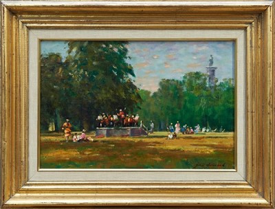 Lot 1004 - John Horwood (b. 1934) oil on canvas, Bandstand St James’ Park, signed, inscribed as title d verso, 31 x 43cm, framed.