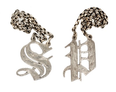 Lot 314 - Pair Victorian silver decanter labels, 'S' and 'P' (London 1845), Charles Rawlings & William Summers