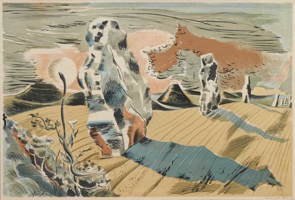 Lot 1078 - Paul Nash (1889-1946) lithograph in colours, Landscape of the Megaliths, 1937, with pencil dedication, Nancy with Paul’s love