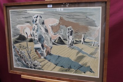 Lot 1078 - Paul Nash (1889-1946) lithograph in colours, Landscape of the Megaliths, 1937, with pencil dedication, Nancy with Paul’s love