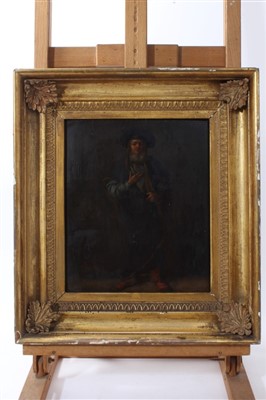 Lot 1060 - Continental School, 18th century oil on panel - a standing figure in robes, in gilt frame, 24cm x 20cm