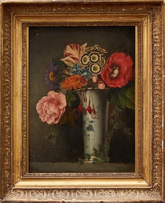 Lot 1061 - English School, 19th century oil on panel, still life of summer flowers in a porcelain vase