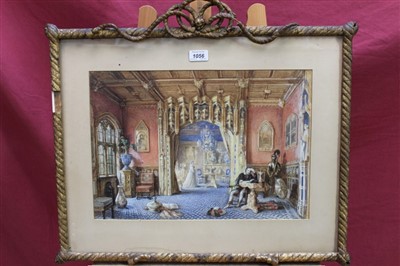 Lot 1056 - English School, 19th century, figures in a gothic interior, watercolour