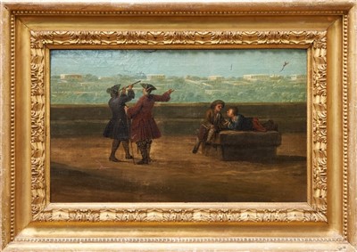 Lot 1057 - Continental School, 18th/19th Century, oil on canvas laid down onto board, Figures observing with a telescope