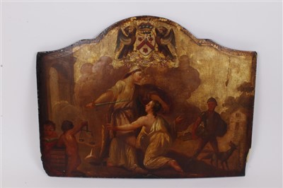 Lot 678 - 18th century English school, classical with heraldic crest, oil on panel