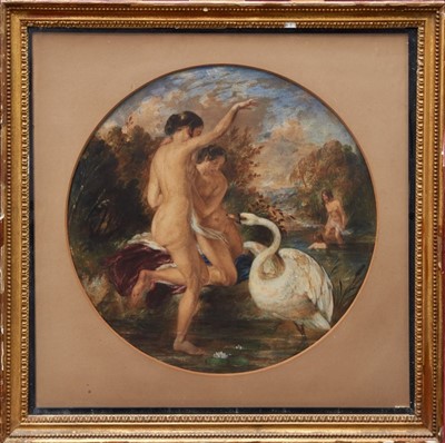 Lot 1063 - Manner of William Etty (1787-1849) watercolour tondo - Leda and the Swan, in glazed gilt frame, 38cm diameter