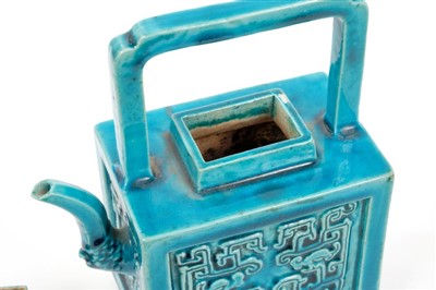 Lot 49 - Chinese Qing turquoise glazed wine pot and cover of rectangular form