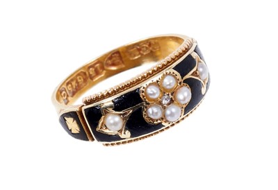 Lot 438 - Victorian 15ct gold black enamel, seed pearl and diamond mourning ring, Chester 1899