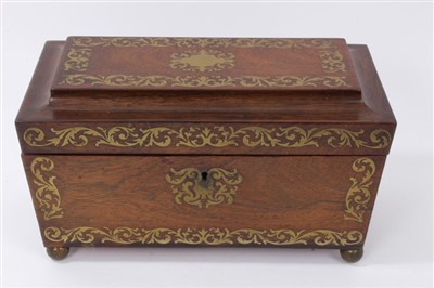 Lot 663 - Regency rosewood and brass inlaid sarcophagus-shaped tea caddy