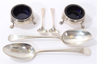 Lot 329 - Pair late George II salts, pair trencher salt spoons, pair George III tablespoons