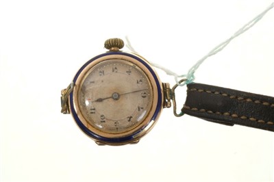 Lot 554 - Gold (9ct) cased Rolex wristwatch with blue enamel bezel on leather strap