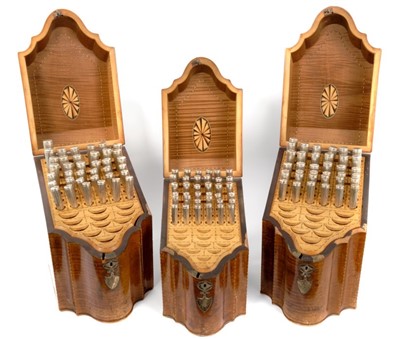 Lot 650 - Rare suite of three George III satinwood, tulipwood crossbanded, barber-pole strung, knife boxes