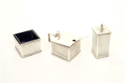 Lot 336 - 1930s Art Deco-style silver three piece cruet set and Victorian silver mustard spoon