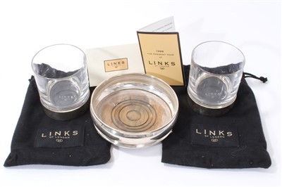 Lot 340 - Two Links of London contemporary silver mounted glass tumblers and a silver wine coaster.