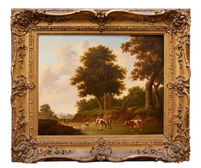 Lot 1065 - A.Mouque, Dutch, early 19th century oil on canvas in gilt frame. Cattle watering in wooded landscape, 39cm x 50cm.