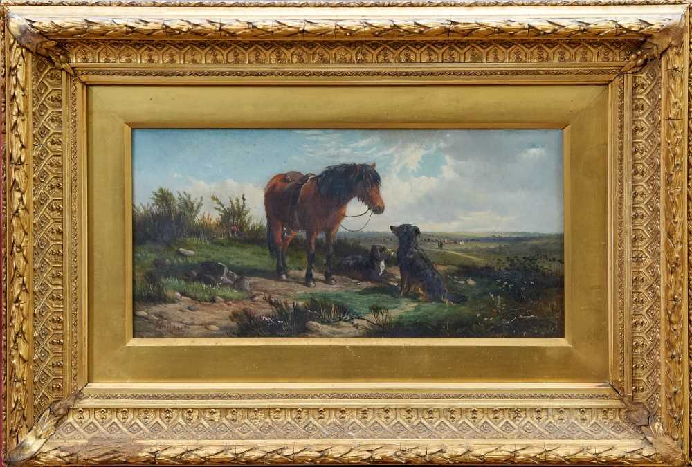 Lot 1203 - John Duvall, oil on canvas in original glazed gilt frame with label bearing title, ‘Drover Pony and Dogs’ 22cm x 41cm.