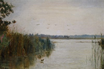 Lot 1202 - Walter Batley, Ipswich School oil on canvas. Watery landscape, signed and dated 1887, 23cm x 35cm.