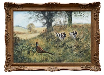 Lot 945 - *Henry Wilkinson (1921 - 2011) oil on canvas. Spaniels and Pheasant, 50cm x 70cm.