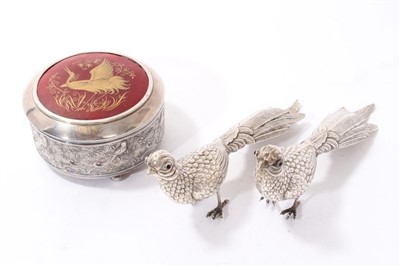 Lot 330 - Continental silver trinket pot and pair of Continental silver pheasants