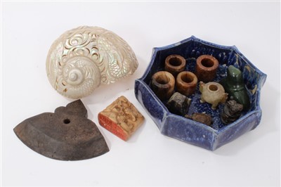 Lot 656 - Collection of Chinese hardstone carvings and ornate nautilus shell