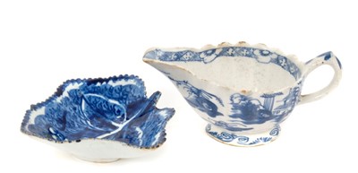 Lot 36 - 18th century Bow blue and white pickle dish and cream boat