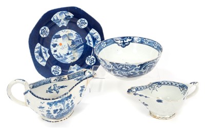 Lot 37 - Two 18th century Bow blue and white sauce boats, bowl and octagonal plate