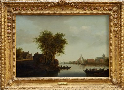 Lot 950 - Attributed to Frans de Hulst (1610-1661) oil on panel - figures in boats on a Dutch estuary, a church beyond, in gilt frame, 33cm x 49cm