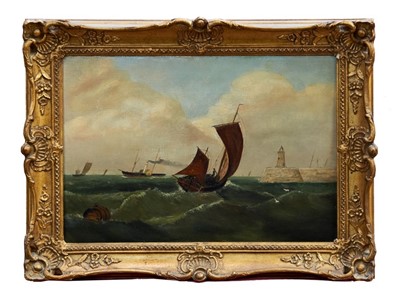 Lot 952 - 19th century English school oil on canvas - fishing boats and a paddle steamer off the coast, in gilt frame, 30cm x 43cm