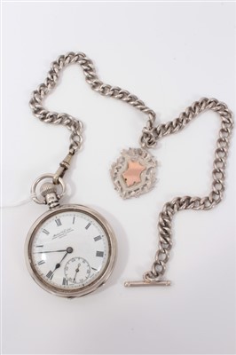 Lot 3219 - Herbert Wolf Ltd silver cased pocket watch on silver Albert chain with silver fob