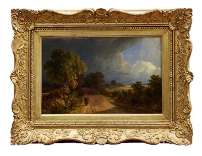 Lot 955 - Robert Gibb (1801-1837) oil on panel - girl on a track near Liberton, signed and dated 1828, in gilt frame, 28cm x 44cm 
 Provenance: Christie’s South Kensington 6th November 1997