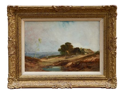 Lot 956 - Edmund John Niemann (1813-1876) oil on board - figure before thatched barns in extensive landscape, signed and dated ‘44, in gilt frame, 24cm x 35cm 
 Provenance: Christie’s South Kensington 6th No...