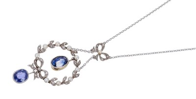 Lot 414 - Edwardian-style sapphire, diamond and seed pearl pendant necklace