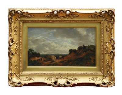 Lot 958 - Henry J. Horsley, 19th century oil on canvas - travellers at rest in extensive landscape, monogrammed and indistinctly dated, in glazed gilt frame, 16cm x 30cm 
 Provenance: Christie’s 8th October...