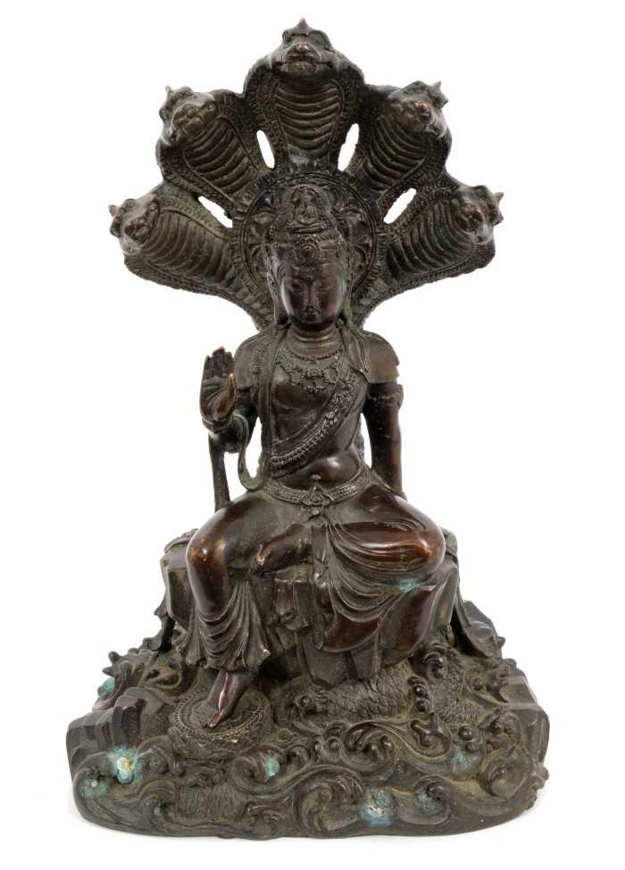 Lot 710 - Antique Cambodian bronze Naga Buddha