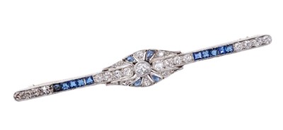 Lot 415 - Art Deco sapphire and diamond bar brooch with old cut diamonds and calibre cut blue sapphires