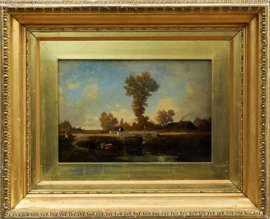 Lot 960 - Auguste Anastasi (1820-1889) oil on panel - figure and cattle before a stone bridge, signed, in gilt frame, 19.5cm x 28.5cm