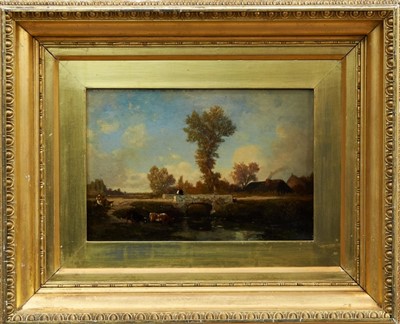 Lot 960 - Auguste Anastasi (1820-1889) oil on panel - figure and cattle before a stone bridge, signed, in gilt frame, 19.5cm x 28.5cm