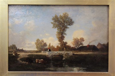 Lot 960 - Auguste Anastasi (1820-1889) oil on panel - figure and cattle before a stone bridge, signed, in gilt frame, 19.5cm x 28.5cm