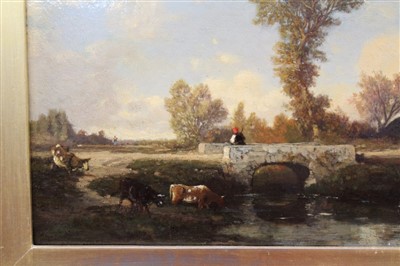 Lot 960 - Auguste Anastasi (1820-1889) oil on panel - figure and cattle before a stone bridge, signed, in gilt frame, 19.5cm x 28.5cm