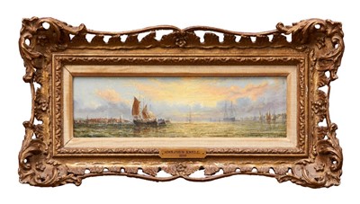 Lot 961 - William Adolphus Knell (1805-1875) oil on panel - shipping in the estuary, signed and dated 1880, in gilt frame, 10cm x 30.5cm 
 Provenance: Christie’s South Kensington 6th November 1997