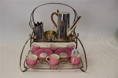 Lot 2053 - Unusual Royal Worcester six place coffee set, together with silver plated stand, with coffee pot, cream and sugar, spoons and tongs
