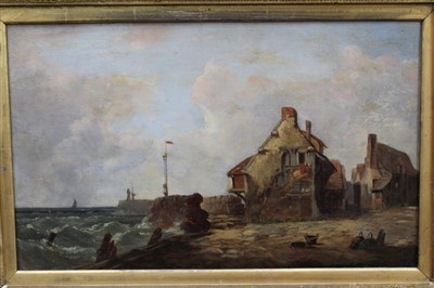Lot 58 - 19th century English school oil on canvas - harbour cottages, in gilt frame, 30cm x 48cm