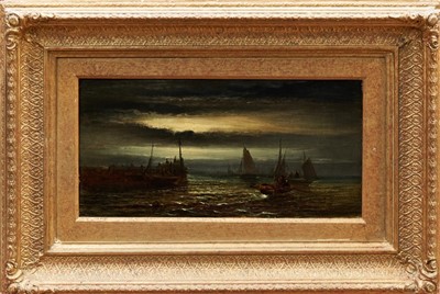 Lot 965 - 19th century English school oil on canvas - shipping in moonlit harbour, indistinctly signed, in gilt frame, 20cm x 40cm